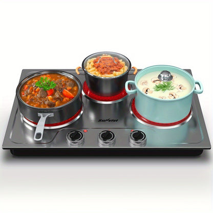 Portable Electric Cooktop Triple Burner 1800W – Royalcraft Countertop Electric Stove with Knob Control, Indicator Light, Compatible with All Cookware, Silver