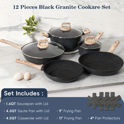 Pots and Pans Set 12-Piece Non-Stick Kitchen Cookware – Complete Cooking Set with Frying Pan | Durable Even-Heating Non-Stick Coating | Available in Black & White | Home Kitchen Essentials