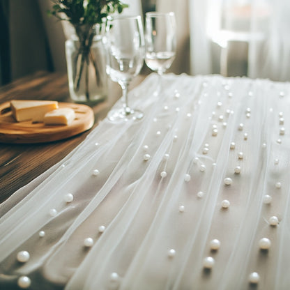 White Pearl Beaded Tulle Table Runner 2.5×9.8ft | Wedding Ceremony Backdrop, Birthday Party & Valentine's Day Romantic Decor, Sheer Mesh Fabric 3PCS