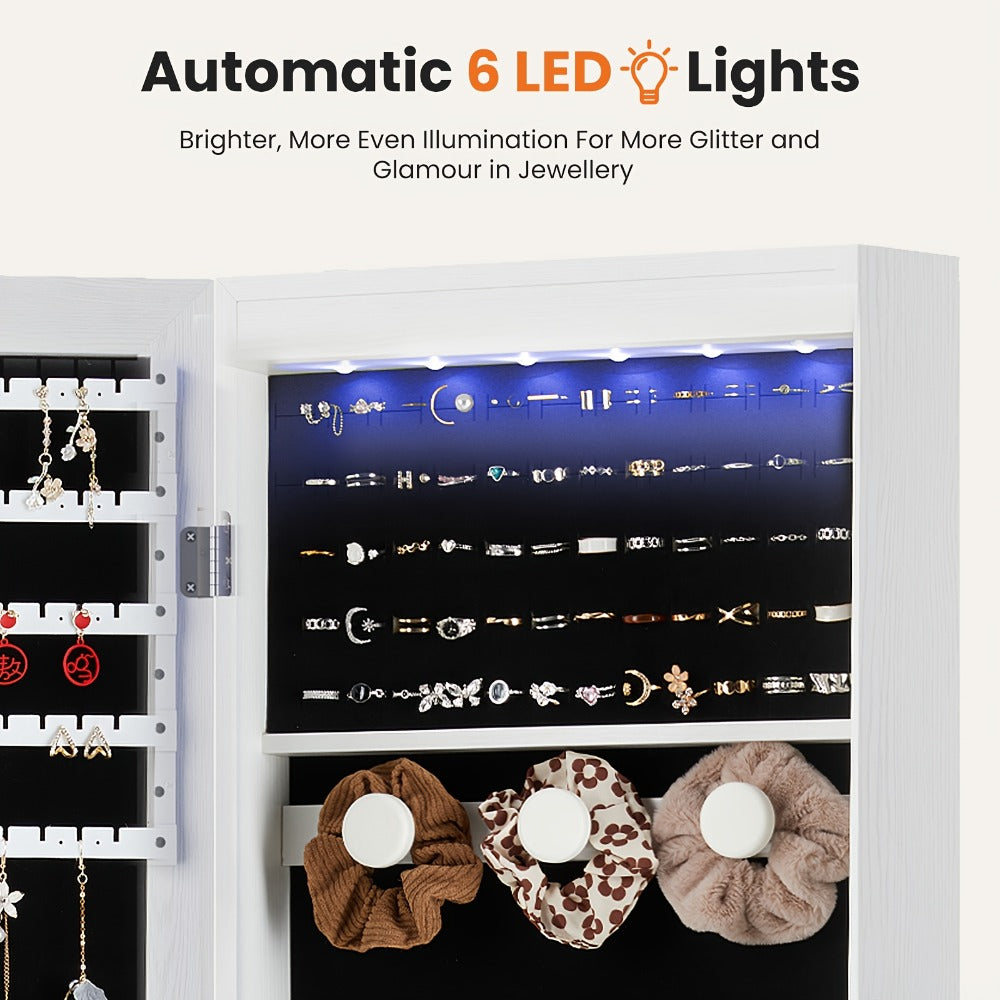 Jewelry Armoire Floor Standing 47.2" Full-Length Mirror Cabinet with 6 LED Lights Dual Lock, Jewelry Organizer for Necklaces Earrings Rings Bracelets, Bedroom Closet Storage 4 Colors