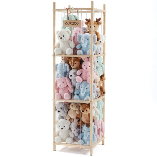Wooden Stuffed Animal Storage Organizer for Kids Large Plush Toy Holder Zoo Space Saving Display Rack for Playroom Bedroom Nursery Natural White Pink