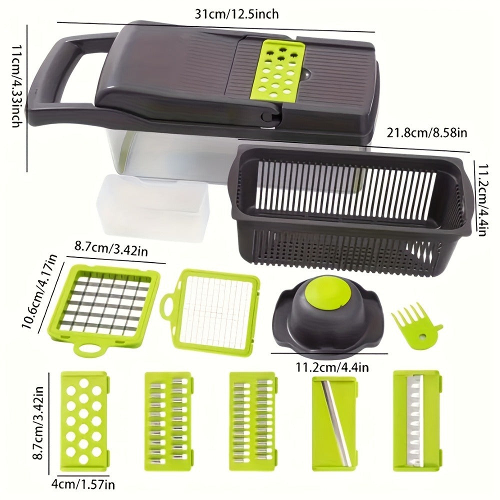Vegetable Chopper 16-in-1 Manual Food Chopper Set – 8 Stainless Steel Blades, 304 Container, Peeler & Filter | Onion, Garlic & Carrot Slicer Dicer | Professional Kitchen Meal Prep Tool
