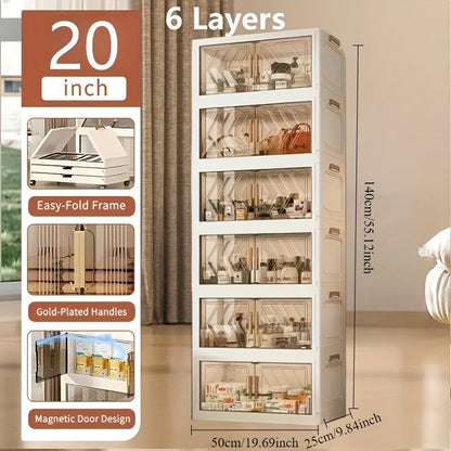 Folding Storage Cabinet 1-6 Tier Collapsible Stackable Organizer with Wheels and Lids - Extra Large Foldable Storage Locker for Closet Bedroom Office Kitchen 50CM Wide