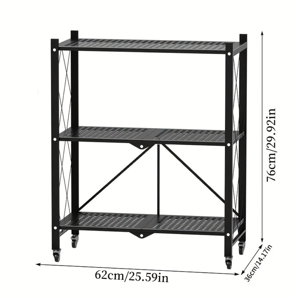 3 Tier Foldable Storage Rack with Wheels Heavy Duty Black Iron Shelving Unit for Garage Kitchen Pantry Utility Multi-Purpose Organizer