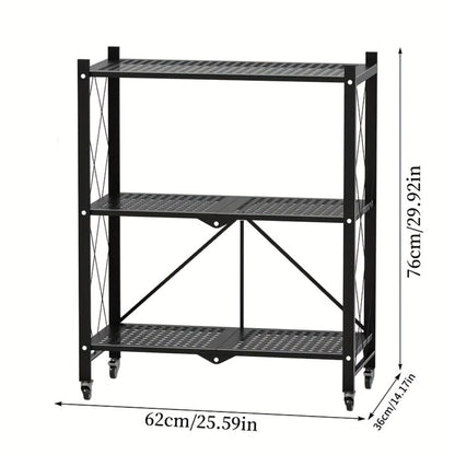 3 Tier Foldable Storage Rack with Wheels Heavy Duty Black Iron Shelving Unit for Garage Kitchen Pantry Utility Multi-Purpose Organizer