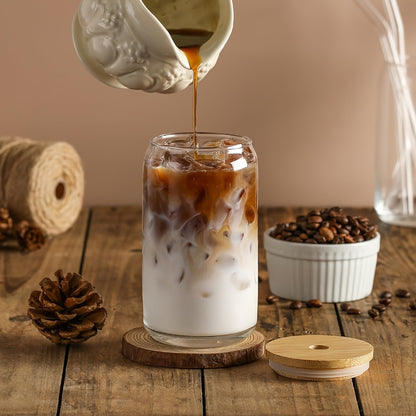 Glass Coffee Mug with Bamboo Lid & Straw | Iced Coffee Glass Cup Set, Mason Jar Mug, Reusable Drinking Glasses, Holiday Gift