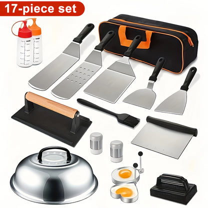 BBQ Grill Tool Set 8/17pcs – Teppanyaki Meat Press & Barbecue Accessories for Outdoor Camping, Kitchen & Parties