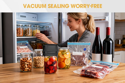 Electric Jar Vacuum Sealer 3-in-1 Food Storage Vacuum Sealer Machine with 14 Sealing Lids Wine Plug Vacuum Bag Bottle Opener – One-Button Operation Leak-Proof Seal for Regular & Wide Mouth Mason Jars