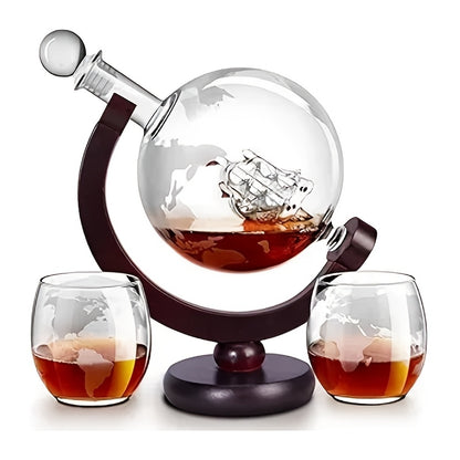 Whiskey Decanter Set with Glasses and Wooden Stand Ball Globe 28oz or Sailboat 44oz Etched Crystal Glass Cups for Whiskey Bourbon Scotch Birthday Wedding Anniversary Gift