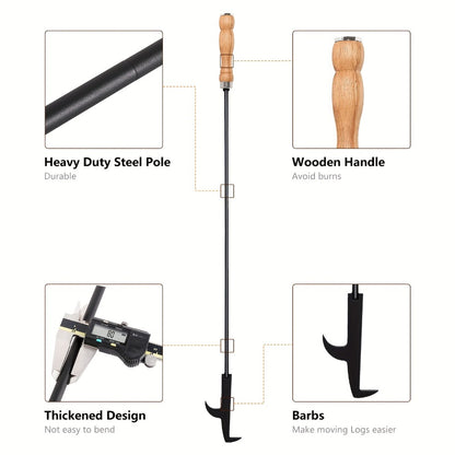 Fire Pit Poker 32 Inch, Heavy Duty Wrought Iron Fire Poker Stick with Wooden Handle and Barb Hook, Collapsible Campfire Poker for Fireplace, Bonfire, Camping, Outdoor and Indoor Fire Pit Tools