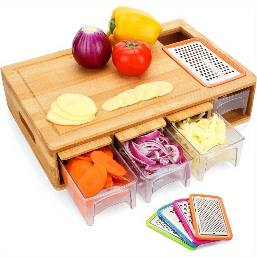 Bamboo Cutting Board with Trays & Drawers – Large Butcher Block Chopping Board with Food Sliding Opening, Stackable Airtight Storage Trays & Bamboo Lids – Kitchen Carving Board Gift for Home Cooks