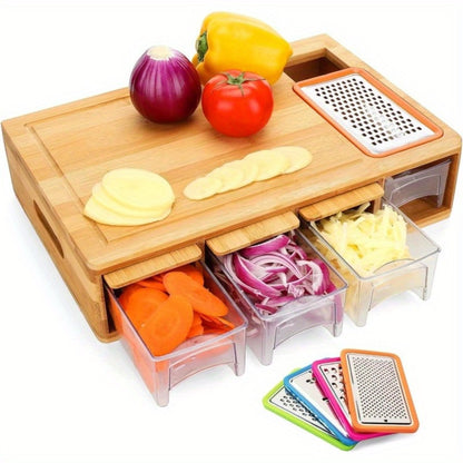 Bamboo Cutting Board with Trays & Drawers – Large Butcher Block Chopping Board with Food Sliding Opening, Stackable Airtight Storage Trays & Bamboo Lids – Kitchen Carving Board Gift for Home Cooks