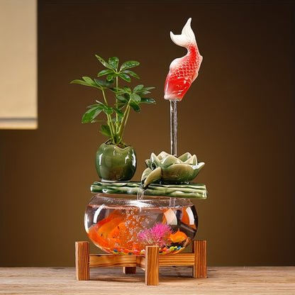 USB Desktop Fish Waterfall Fountain with Glass Bowl – Relaxing Indoor Water Feature Tabletop Decor Zen Fountain Gift