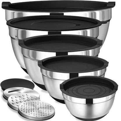 Stainless Steel Mixing Bowl Set with Airtight Lids & Non-Slip Silicone Base, 8-Piece Nesting Bowls for Baking Cooking Serving, Dishwasher Safe Kitchen Mixing Bowls with Lids for Food Storage