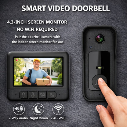 WiFi Video Doorbell with 4.3 Inch Indoor Monitor | Waterproof Night Vision Two-Way Audio Rechargeable Battery | Auto Photo Video Recording Senior Friendly Real-Time Monitoring