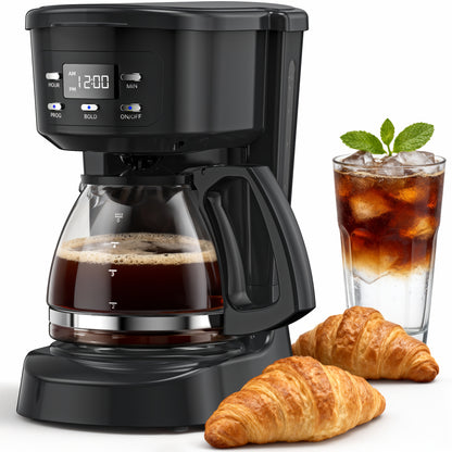 5-Cup Programmable Digital Coffee Maker – Auto Brew, Sneak-A-Cup Anti-Drip, Washable Basket Filter, Keep-Hot Plate & Water Level Window, Drip Coffee Machine for Home & Office – Black, White