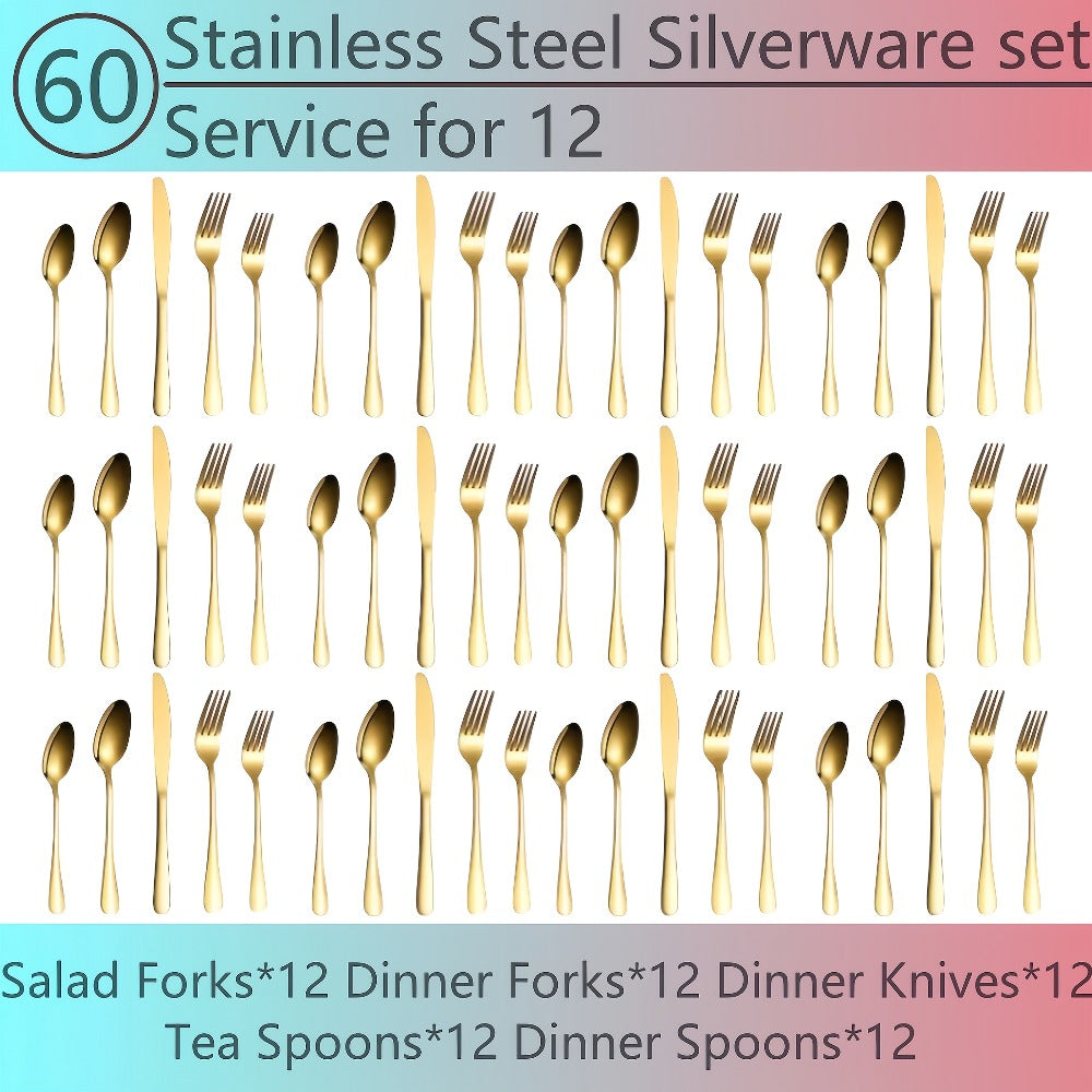 Flatware Set for 12, 60-Piece 304 Stainless Steel Cutlery Set with Mirror Polish & Titanium Plated Finish — Dishwasher Safe Silverware with Knife, Fork & Spoon | Silver, Gold & Rainbow