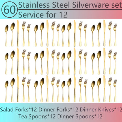 Flatware Set for 12, 60-Piece 304 Stainless Steel Cutlery Set with Mirror Polish & Titanium Plated Finish — Dishwasher Safe Silverware with Knife, Fork & Spoon | Silver, Gold & Rainbow