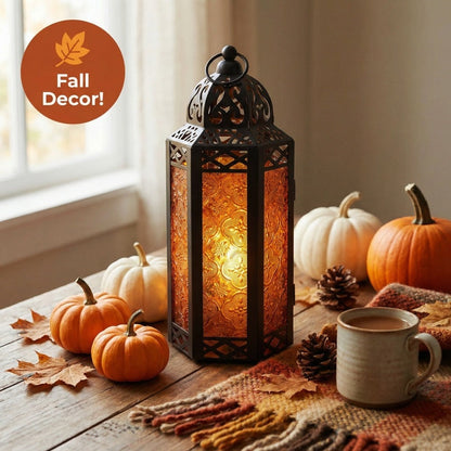 Moroccan Candle Lantern Holder - Decorative Metal & Glass Lantern with Embossed Floral Design for Indoor Home Decor, Garden, Patio, Weddings, Ramadan, Halloween & Holiday Celebrations - 10.5" Tall Medium Size