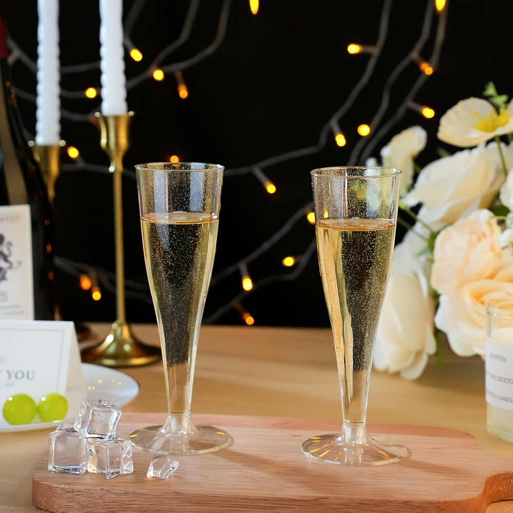 Plastic Champagne Flutes Bulk 25 50 Pack Disposable Reusable Golden Glitter Champagne Glasses Stackable Food-Grade PS Party Cups for Wedding Birthday New Year Picnic Brunch Events
