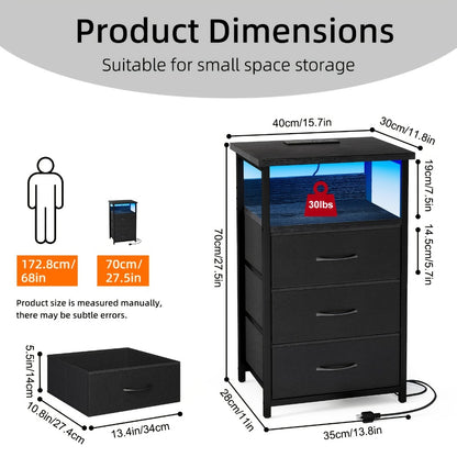 Nightstand with Charging Station & USB Port | 3-Drawer Bedside Table with LED Light, Heavy Duty End Table for Bedroom, Dorm & Small Spaces