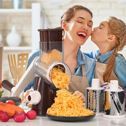 Rotary Cheese Grater with Hand Crank – 3 Interchangeable Blades for Cheese, Vegetables & Nuts, Non-Slip Suction Base, Includes Cleaning Brush – Manual Cheese Shredder for Kitchen (6 Colors)