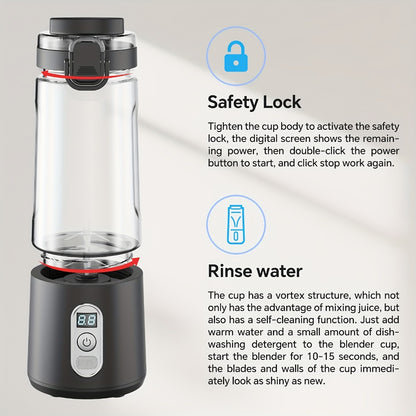 Portable Smoothie Blender USB-C Fast Charge 6-Blade Stainless Steel – Digital Timer Battery Display High-Speed Ice Crush No-Spill Lid | Protein Shake Gym Travel Blender in Black Pink White