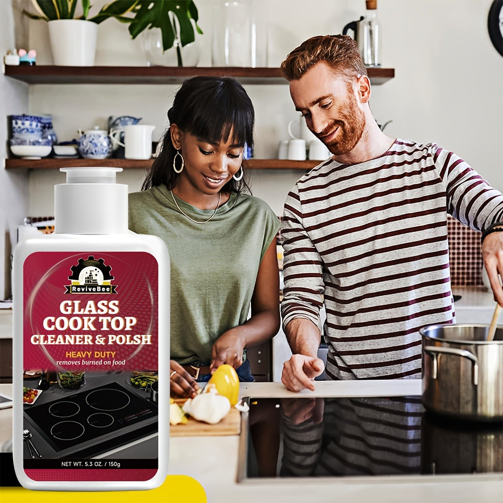 Glass Stovetop Cleaning Paste – Heavy Duty Cooktop Cleaner Cream, Removes Burnt-On Grease, Oil Stains & Food Residue from Stove Tops, Burners & Glass Surfaces, Non-Scratch Easy Scrub Formula