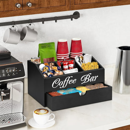 Coffee Bar Organizer with Drawer | Wood Countertop Coffee Station Organizer | 5-Compartment K-Cup Pod Holder Tea Condiment Storage | Rustic Farmhouse Coffee Bar Decor for Kitchen Counter