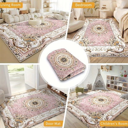 Luxury Velvet Area Rug 852 GSM Machine Washable Low-Pile Floral Checkered Non-Slip Polyester Carpet for Bedroom Living Room Dining Room Office Vintage Elegant Home Decor