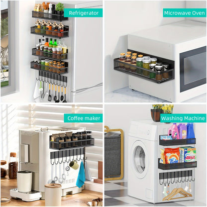 Magnetic Floating Shelf for Refrigerator 4-Piece Set with Hooks Strong Magnet Kitchen Organizer Fridge Side Storage for Spices Bottles Dorm