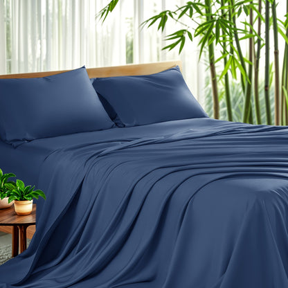 Bamboo Sheet Set 4pcs Cooling Deep Pocket Wrinkle Resistant Bedding All-Season Fitted Flat Sheet 2 Pillowcases Gift Box