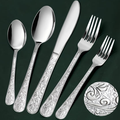 Flatware Set Stainless Steel Vintage Carved Cutlery Set Knife Fork Spoon Dishwasher Safe for Family Gatherings Holiday Parties Kitchen Decor