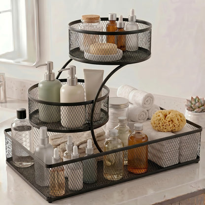 Bathroom Storage Rack 3-Tier Metal Countertop Organizer with Spray Bottle & Hooks – Rust-Resistant Diamond Mesh Shelf for Vanity, Skincare, Cosmetics & Toiletries