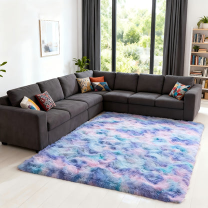 Tie Dye Rainbow Purple Shag Area Rug Non-Slip Machine Washable Carpet Multiple Sizes Living Room Bedroom