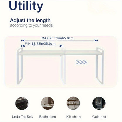 Expandable Cabinet Shelf Organizer Riser – Height Adjustable Retractable Rack with Suction Cup Base for Kitchen Pantry Cupboard Under Sink Countertop, Heavy Duty Metal Space Saver, Stackable Storage