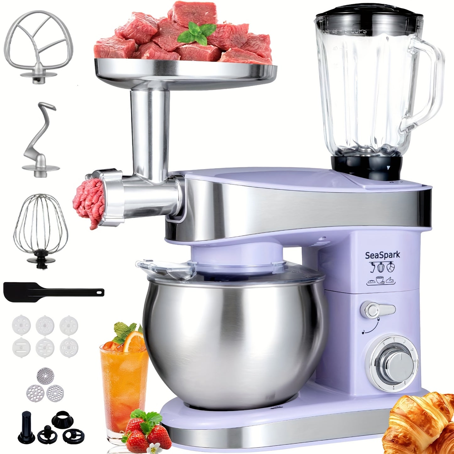 Stand Mixer 6-in-1 400W with 6.3QT Stainless Steel Bowl – 6-Speed & Pulse Tilt-Head Kitchen Mixer with Dough Hook Beater Whisk Juicer Meat Grinder Noodle Press | Electric Food Mixer Black Red Purple Silver