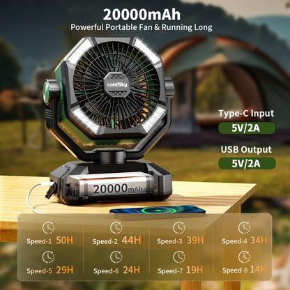 Camping Fan with Dual Motors & 4 LED Lights – Portable Tent Fan with Remote Control, 8 Speed Settings, 20000mAh Battery & Hanging Hook for Outdoor Camping, Power Outages & Indoor Use