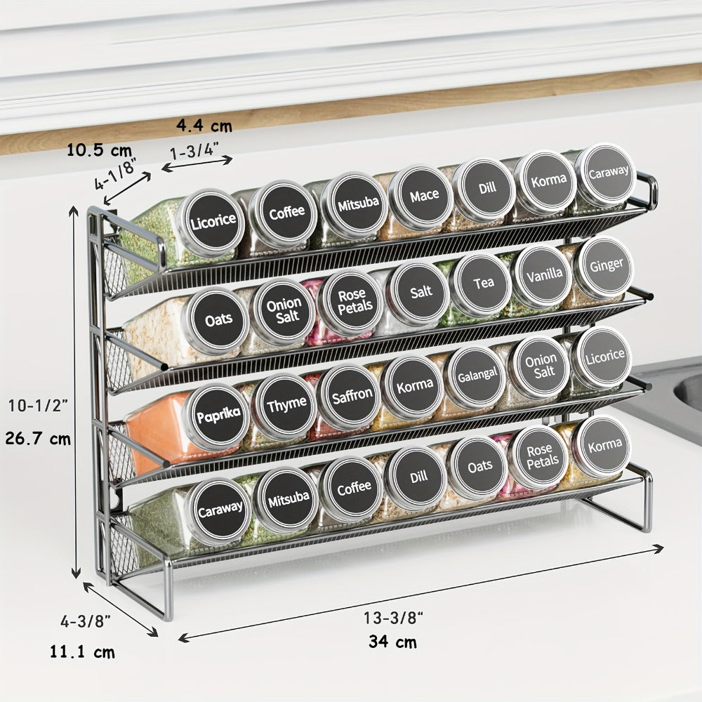 Spice Rack Organizer with 28 Jars, 386 Pre-Printed Labels, Chalk Marker & Funnel — Wall Mount, Cabinet, Countertop & Pantry Spice Storage | 13.4"W × 10.8"H | Black