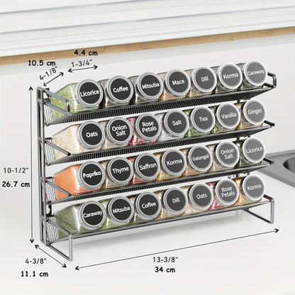 Spice Rack Organizer with 28 Jars, 386 Pre-Printed Labels, Chalk Marker & Funnel — Wall Mount, Cabinet, Countertop & Pantry Spice Storage | 13.4"W × 10.8"H | Black