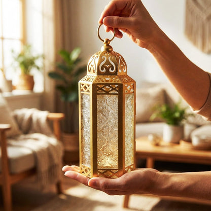 Moroccan Candle Lantern Holder - Decorative Metal & Glass Lantern with Embossed Floral Design for Indoor Home Decor, Garden, Patio, Weddings, Ramadan, Halloween & Holiday Celebrations - 10.5" Tall Medium Size