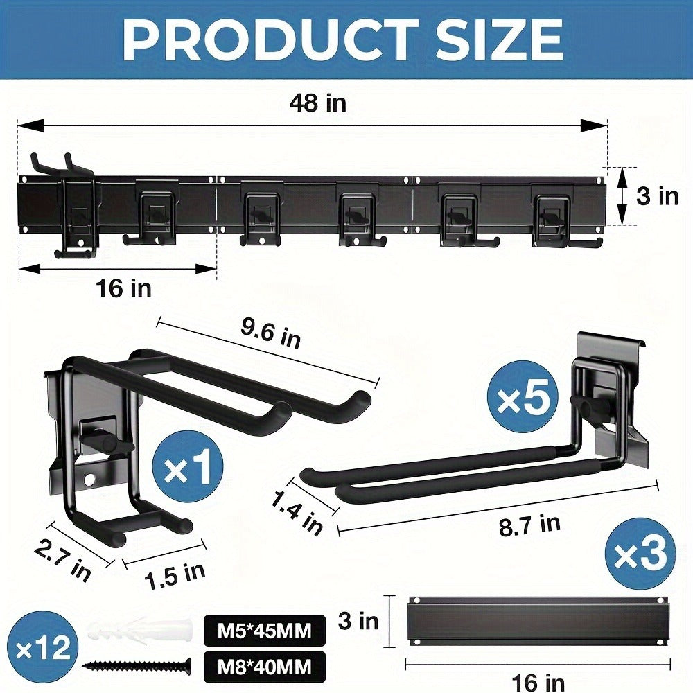 Garage Tool Organizer Wall Mount 48" – Heavy Duty Pegboard with Adjustable Swivel Hooks, 1 Double Hook & 5 Straight Hooks, Holds 420lbs, Broom Holder for Yard Tools, Shovels, Hoses & Garden Equipment