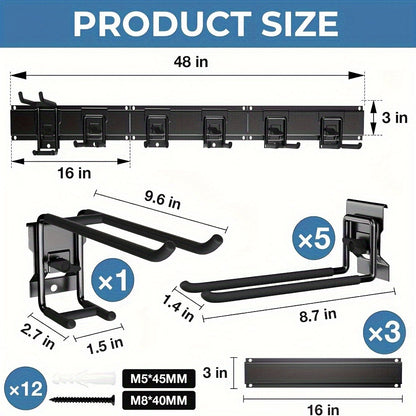 Garage Tool Organizer Wall Mount 48" – Heavy Duty Pegboard with Adjustable Swivel Hooks, 1 Double Hook & 5 Straight Hooks, Holds 420lbs, Broom Holder for Yard Tools, Shovels, Hoses & Garden Equipment