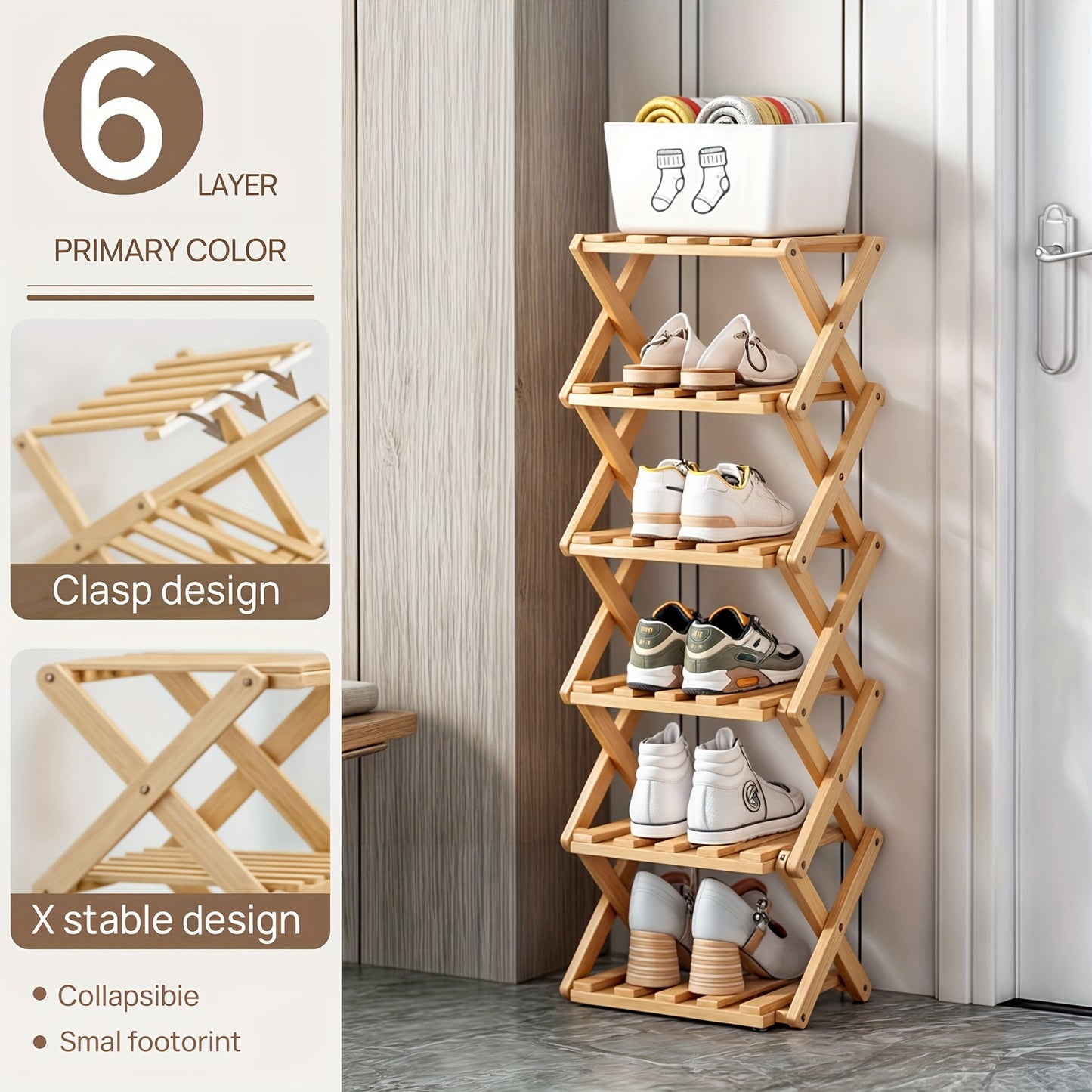 Bamboo Shoe Rack Foldable Multi-Tier – Space-Saving Shoe Storage Shelf, Easy Assembly Standalone Organizer for Entryway, Hallway, Bedroom, Bathroom & Office – 6 or 8 Tier Options