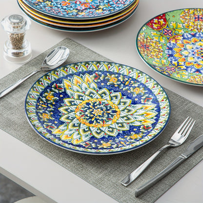 Bohemian Dinner Plates Set of 6 – 10.5 Inch Colorful Stoneware Plate Set Microwave Dishwasher Safe Scratch Resistant Porcelain Dinnerware for Home Restaurant Cafe Boho Kitchen Decor Gift