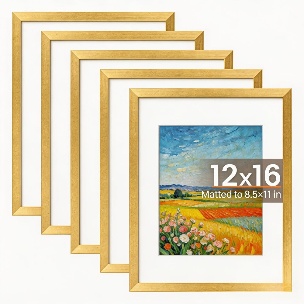 Picture Frame Set of 5 – 12x16 Inch Gallery Wall Photo Frames, Display 8.5x11 with Mat or 12x16 Without Mat | HD Cover, Horizontal & Vertical Hanging | Golden Wall Collage Frame Set for Home & Office