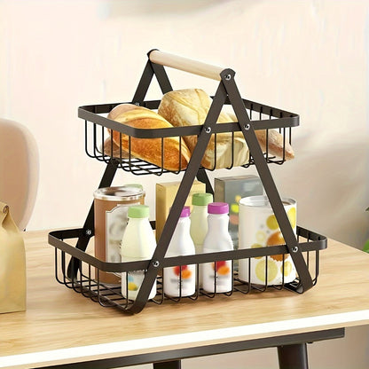 Metal Wire Bathroom Storage Basket with Wooden Handle Multi-Tier Countertop Organizer Detachable Fruit Basket Kitchen Pantry Bedroom Desk Organization