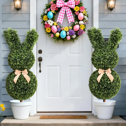 Artificial Boxwood Bunny Topiary 2-Pack | 3Ft Faux Rabbit Garden Statue with Bow, Indoor Outdoor Easter Spring Porch Decor, Lifelike Greenery Sculpture with Planter