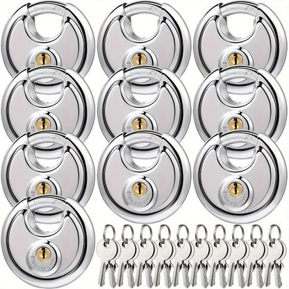 Padlocks with Same Key - 10pcs Stainless Steel Disc Lock Set, Keyed Alike Discus Pad Lock 2-3/4 Inch Wide 3/8 Inch Shackle, Outdoor Weatherproof Lock for Storage Unit, Shed, Garage, Gate & Fence