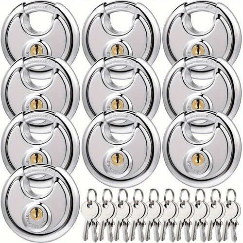 Padlocks with Same Key - 10pcs Stainless Steel Disc Lock Set, Keyed Alike Discus Pad Lock 2-3/4 Inch Wide 3/8 Inch Shackle, Outdoor Weatherproof Lock for Storage Unit, Shed, Garage, Gate & Fence